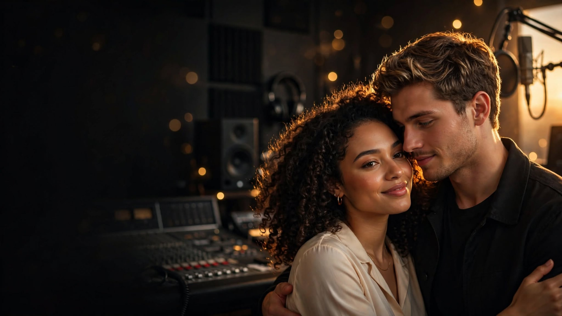 Casal iluminado por luz dourada num estúdio musical